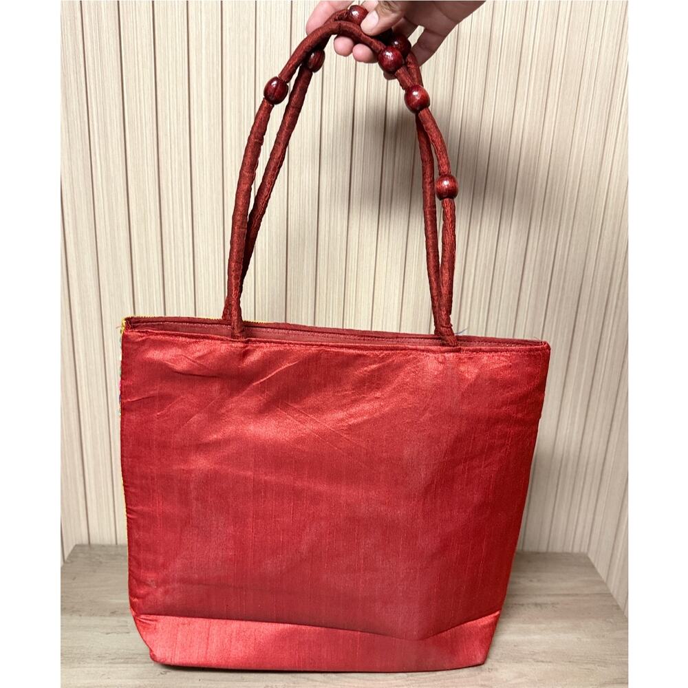 Embroidered Floral Tote Bag Red Beaded Handle Boho Shoulder Bag - Picture 2 of 10